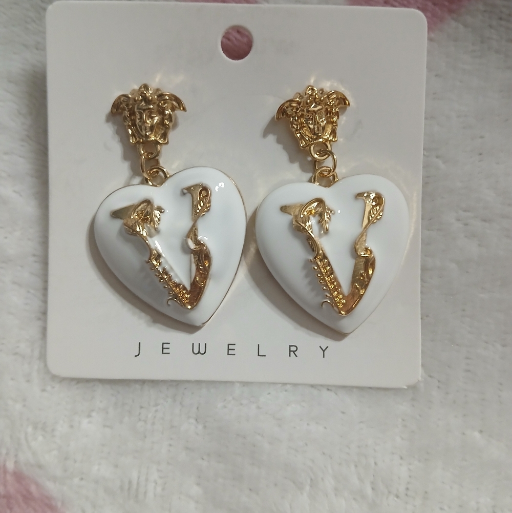 Gold and White Heart Earrings